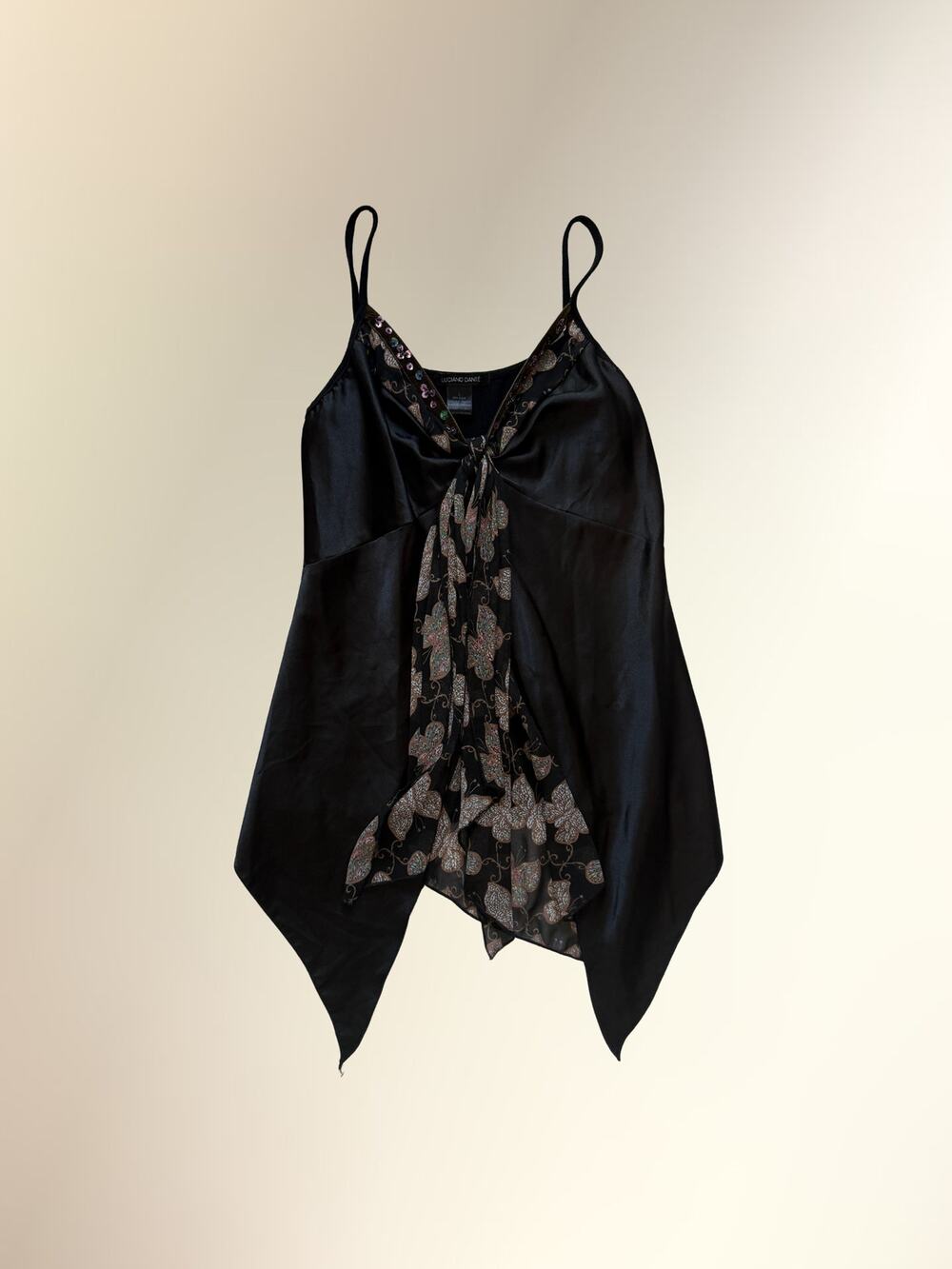 Luciano Dante Black Satin Butterfly Sequin Beaded Handkerchief Tie Front Cami